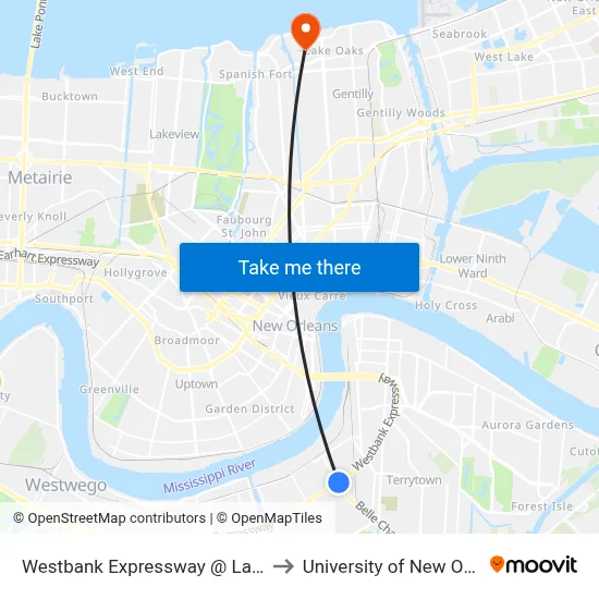 Westbank Expressway @ Lafayette to University of New Orleans map