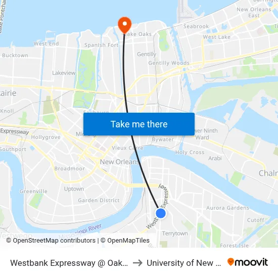 Westbank Expressway @ Oakwood Mall to University of New Orleans map