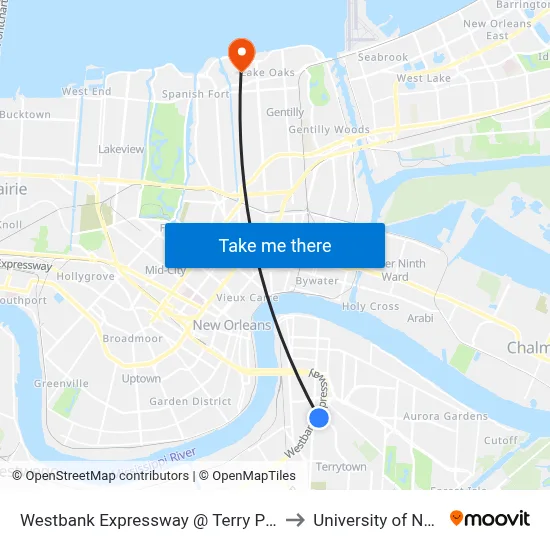 Westbank Expressway @ Terry Pkwy/Oakwood Mall to University of New Orleans map