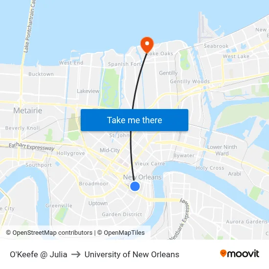 O'Keefe @ Julia to University of New Orleans map