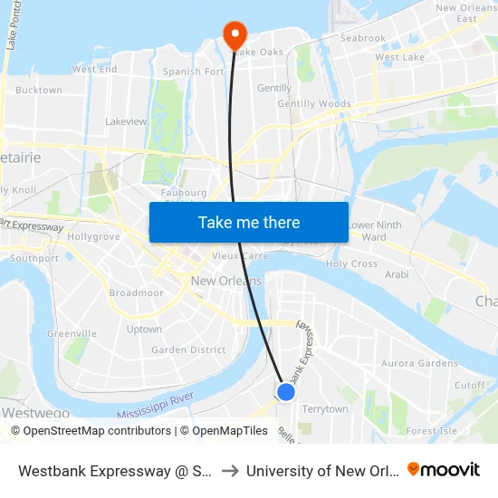 Westbank Expressway @ Stumpf to University of New Orleans map