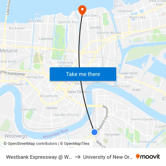 Westbank Expressway @ Walmart to University of New Orleans map