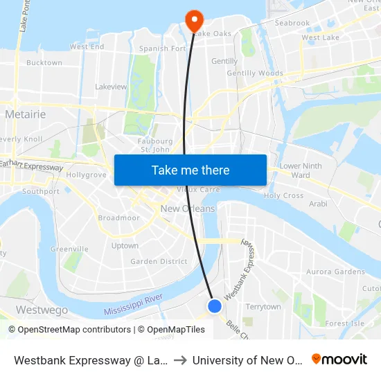Westbank Expressway @ Lafayette to University of New Orleans map