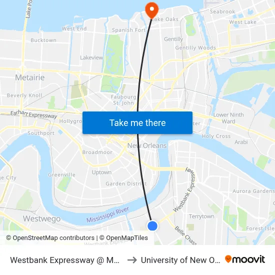 Westbank Expressway @ Manhattan to University of New Orleans map