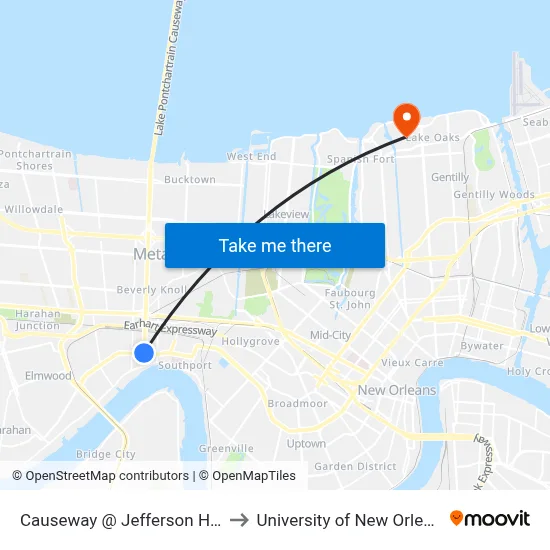 Causeway @ Jefferson Hwy to University of New Orleans map