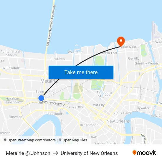 Metairie @ Johnson to University of New Orleans map