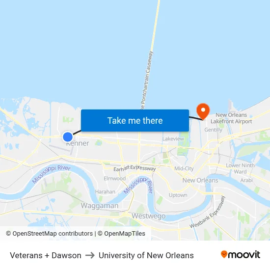 Veterans + Dawson to University of New Orleans map