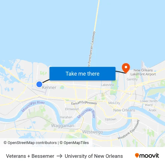 Veterans + Bessemer to University of New Orleans map