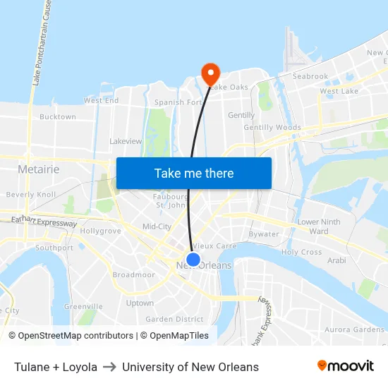 Tulane + Loyola to University of New Orleans map