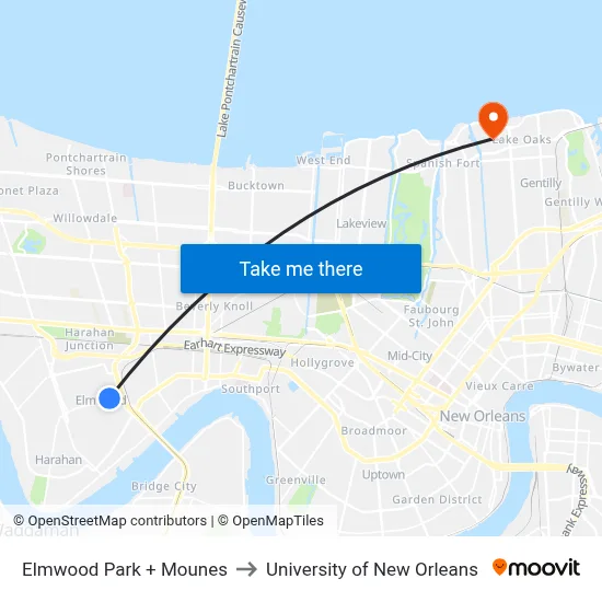 Elmwood Park + Mounes to University of New Orleans map