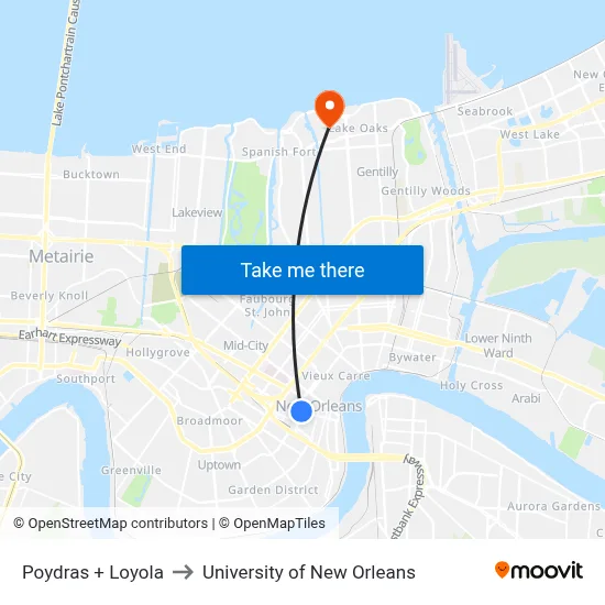 Poydras + Loyola to University of New Orleans map