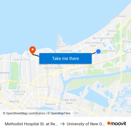 Methodist Hospital St. at Read Blvd. to University of New Orleans map