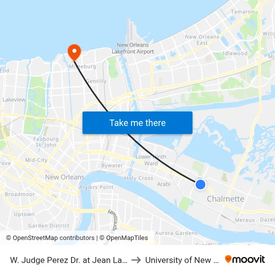 W. Judge Perez Dr. at Jean Lafitte Pkwy. to University of New Orleans map