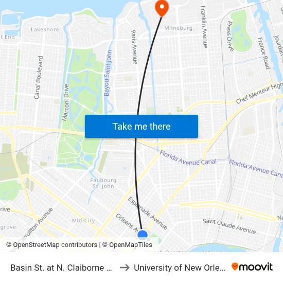 Basin St. at N. Claiborne Ave. to University of New Orleans map
