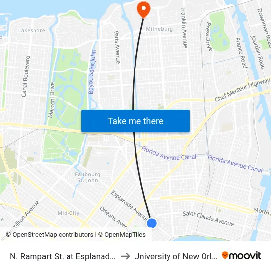 N. Rampart St. at Esplanade Ave. to University of New Orleans map