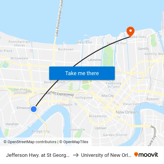 Jefferson Hwy. at St George Ave. to University of New Orleans map