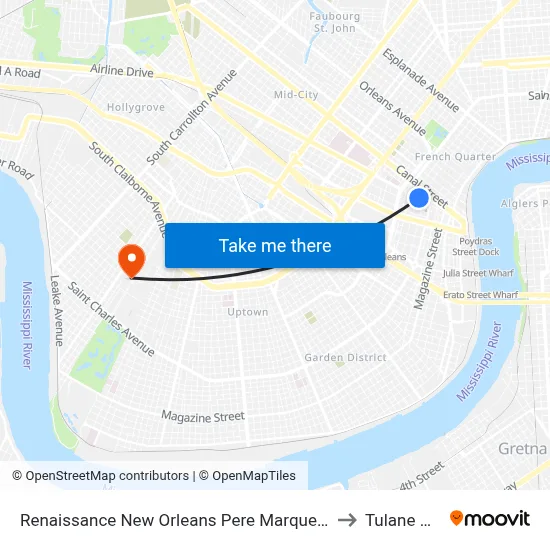 Renaissance New Orleans Pere Marquette French Quarter Area Hotel to Tulane University map