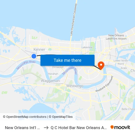 New Orleans Int'l Airport (MSY) to Q C Hotel Bar New Orleans Autograph Collection map
