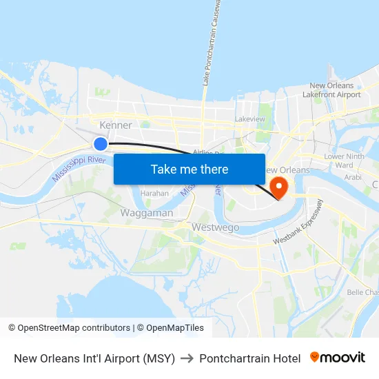 New Orleans Int'l Airport (MSY) to Pontchartrain Hotel map