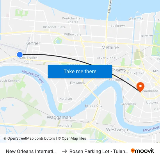 New Orleans International Airport to Rosen Parking Lot - Tulane University map