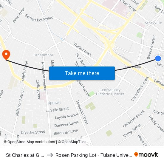 St Charles at Girod to Rosen Parking Lot - Tulane University map