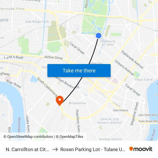 N. Carrollton at City Park to Rosen Parking Lot - Tulane University map