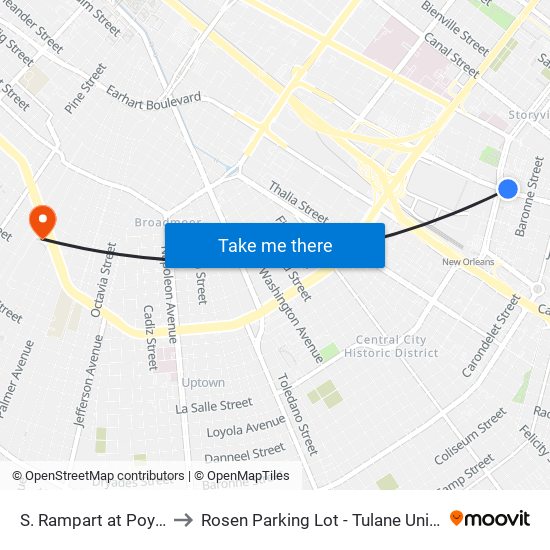 S. Rampart at Poydras to Rosen Parking Lot - Tulane University map