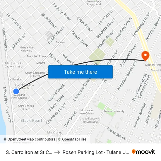 S. Carrollton at St Charles to Rosen Parking Lot - Tulane University map