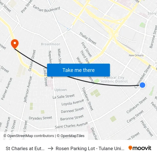 St Charles at Euterpe to Rosen Parking Lot - Tulane University map