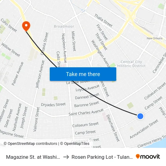 Magazine St. at Washington Ave. to Rosen Parking Lot - Tulane University map