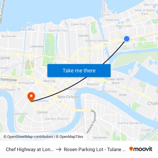 Chef Highway at Lonely Oak to Rosen Parking Lot - Tulane University map