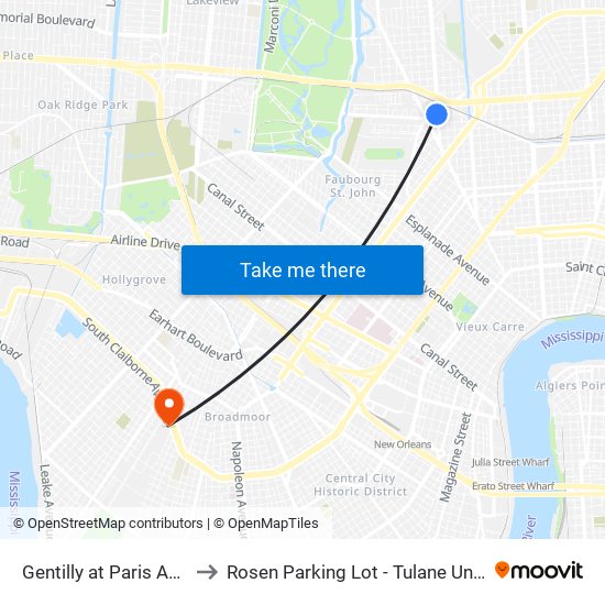 Gentilly at Paris Avenue to Rosen Parking Lot - Tulane University map