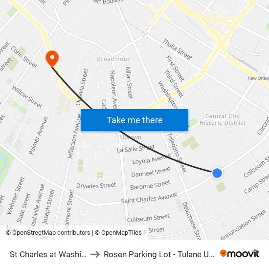 St Charles at Washington to Rosen Parking Lot - Tulane University map