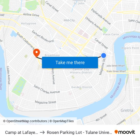 Camp at Lafayette to Rosen Parking Lot - Tulane University map