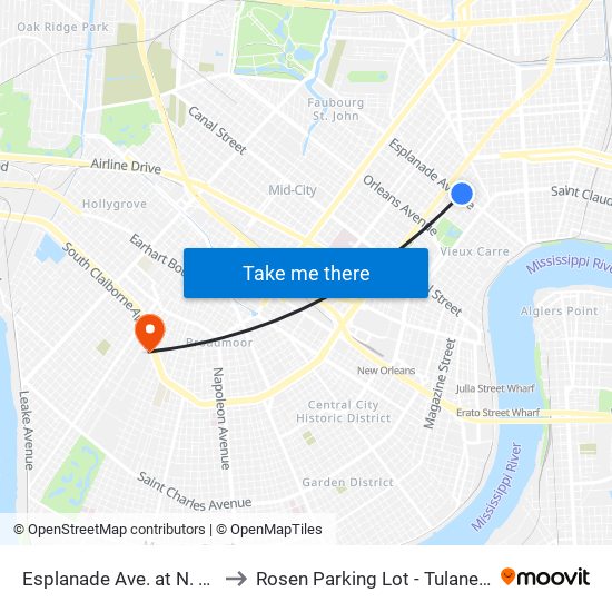 Esplanade Ave. at N. Villere St. to Rosen Parking Lot - Tulane University map
