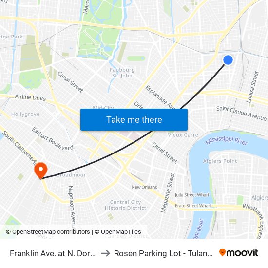 Franklin Ave. at N. Dorgenois St. to Rosen Parking Lot - Tulane University map