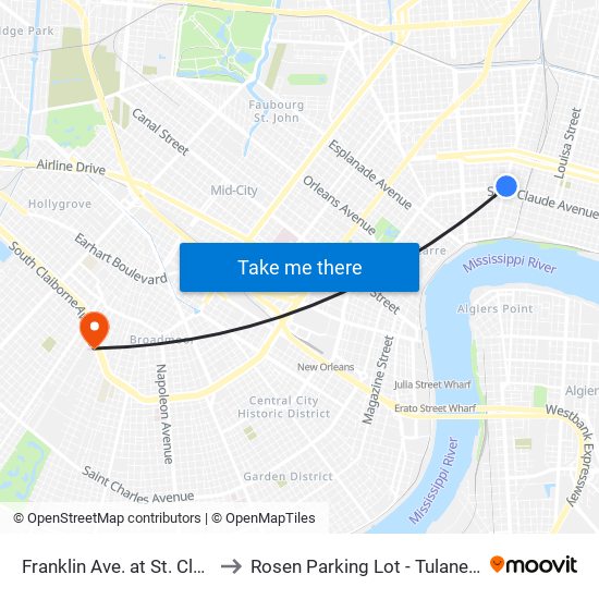 Franklin Ave. at St. Claude Ave. to Rosen Parking Lot - Tulane University map