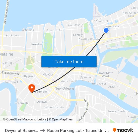 Dwyer at Basinview to Rosen Parking Lot - Tulane University map