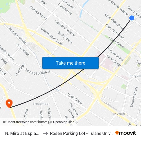 N. Miro at Esplanade to Rosen Parking Lot - Tulane University map