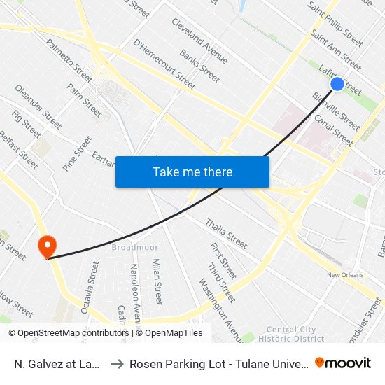 N. Galvez at Lafitte to Rosen Parking Lot - Tulane University map