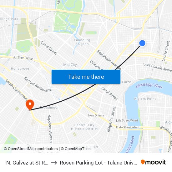 N. Galvez at St Roch to Rosen Parking Lot - Tulane University map