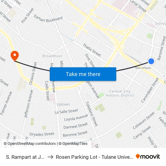 S. Rampart at Julia to Rosen Parking Lot - Tulane University map