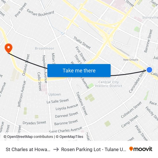 St Charles at Howard Ave to Rosen Parking Lot - Tulane University map