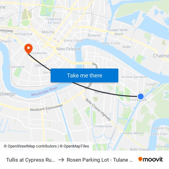 Tullis at Cypress Run Apts. to Rosen Parking Lot - Tulane University map