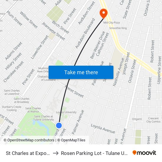 St Charles at Exposition to Rosen Parking Lot - Tulane University map