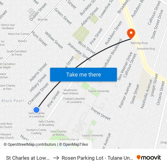 St Charles at Lowerline to Rosen Parking Lot - Tulane University map