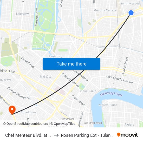 Chef Menteur Blvd. at Louisa St. to Rosen Parking Lot - Tulane University map