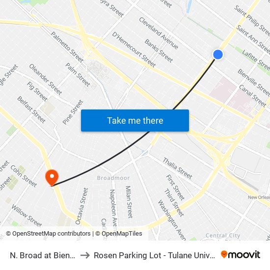 N. Broad at Bienville to Rosen Parking Lot - Tulane University map