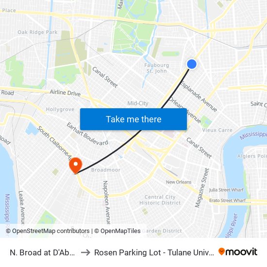 N. Broad at D'Abadie to Rosen Parking Lot - Tulane University map