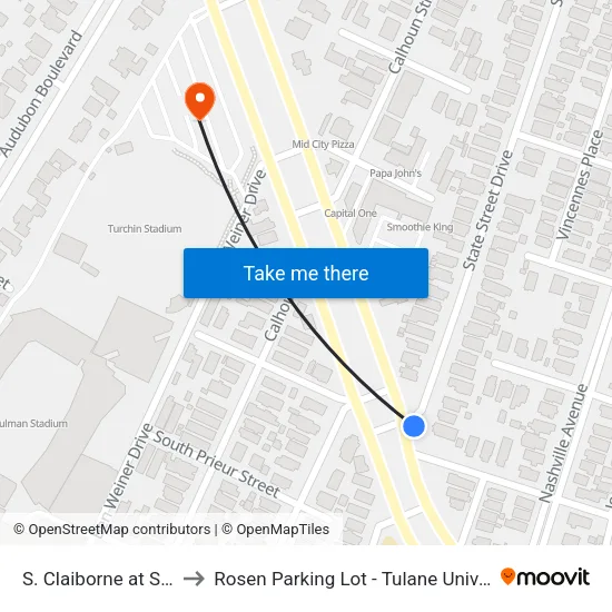 S. Claiborne Ave. at State St. to Rosen Parking Lot - Tulane University map